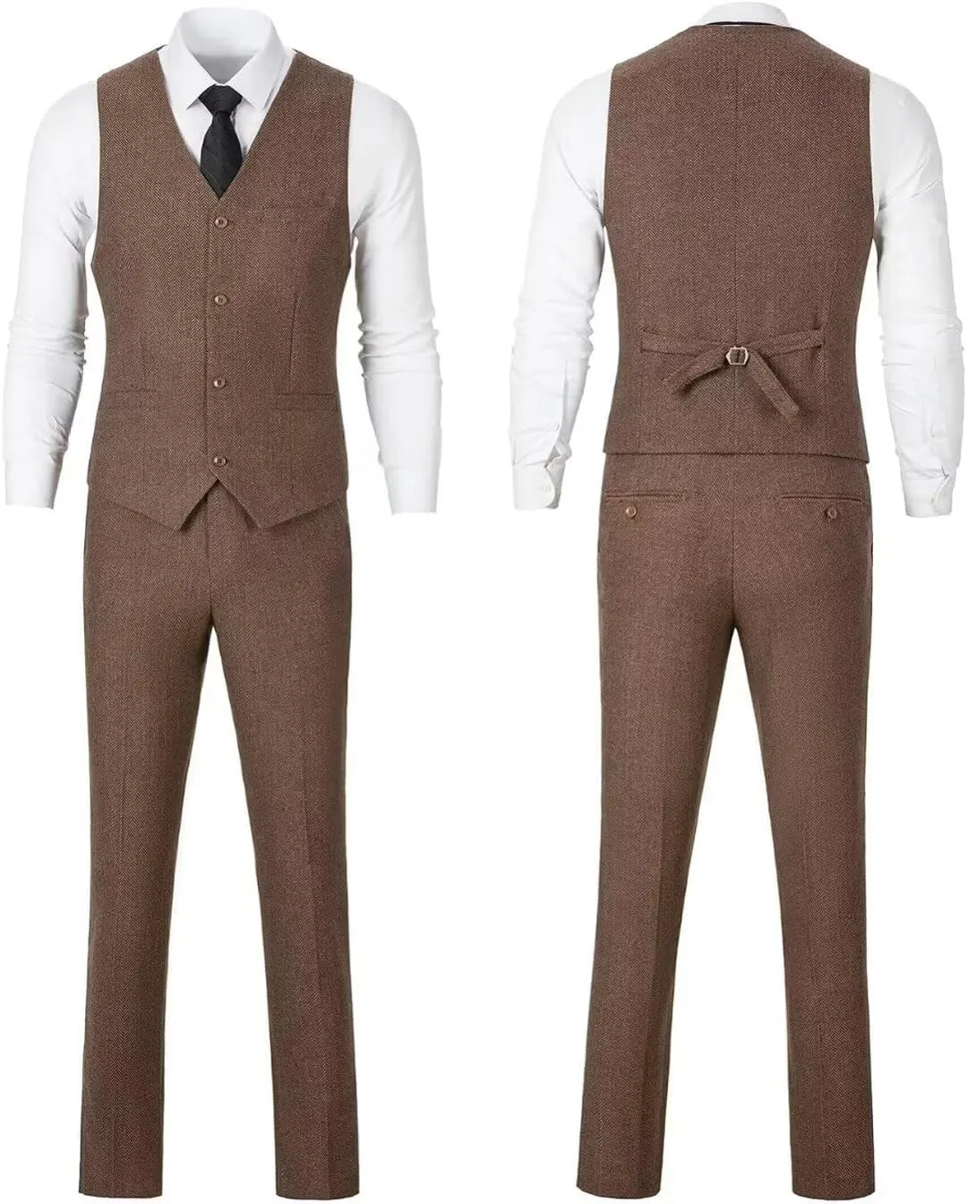 Retro 3 Piece Herringbone Tweed Suit Men's Wool Tuxedos Set Prom Brown Jacket Blazer Vest Pants Themed Wedding