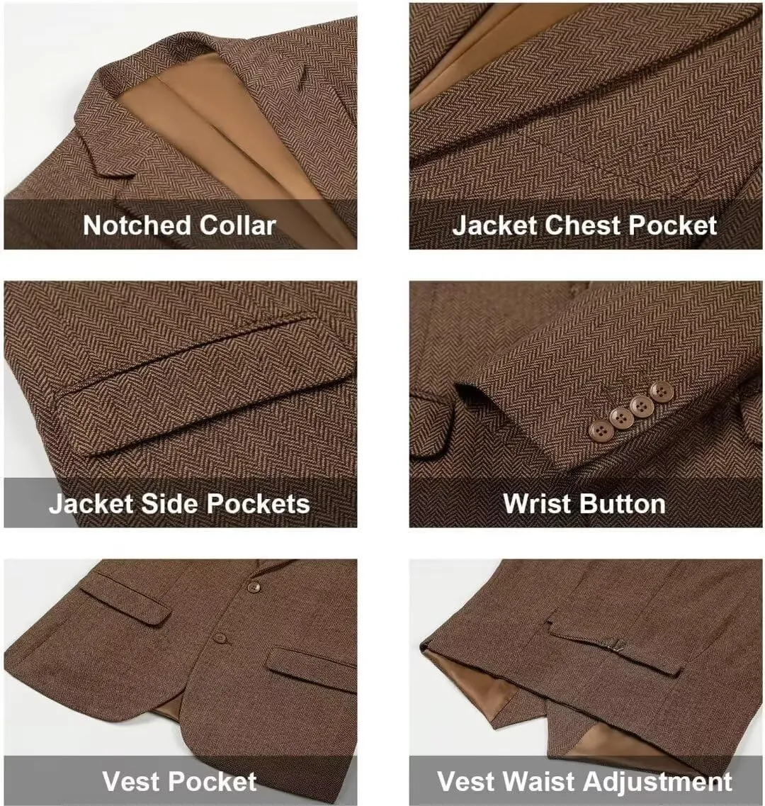 Retro 3 Piece Herringbone Tweed Suit Men's Wool Tuxedos Set Prom Brown Jacket Blazer Vest Pants Themed Wedding