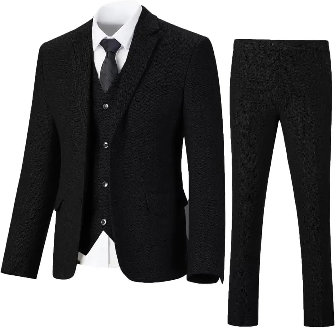 Retro 3 Piece Herringbone Tweed Suit Men's Wool Tuxedos Set Prom Brown Jacket Blazer Vest Pants Themed Wedding