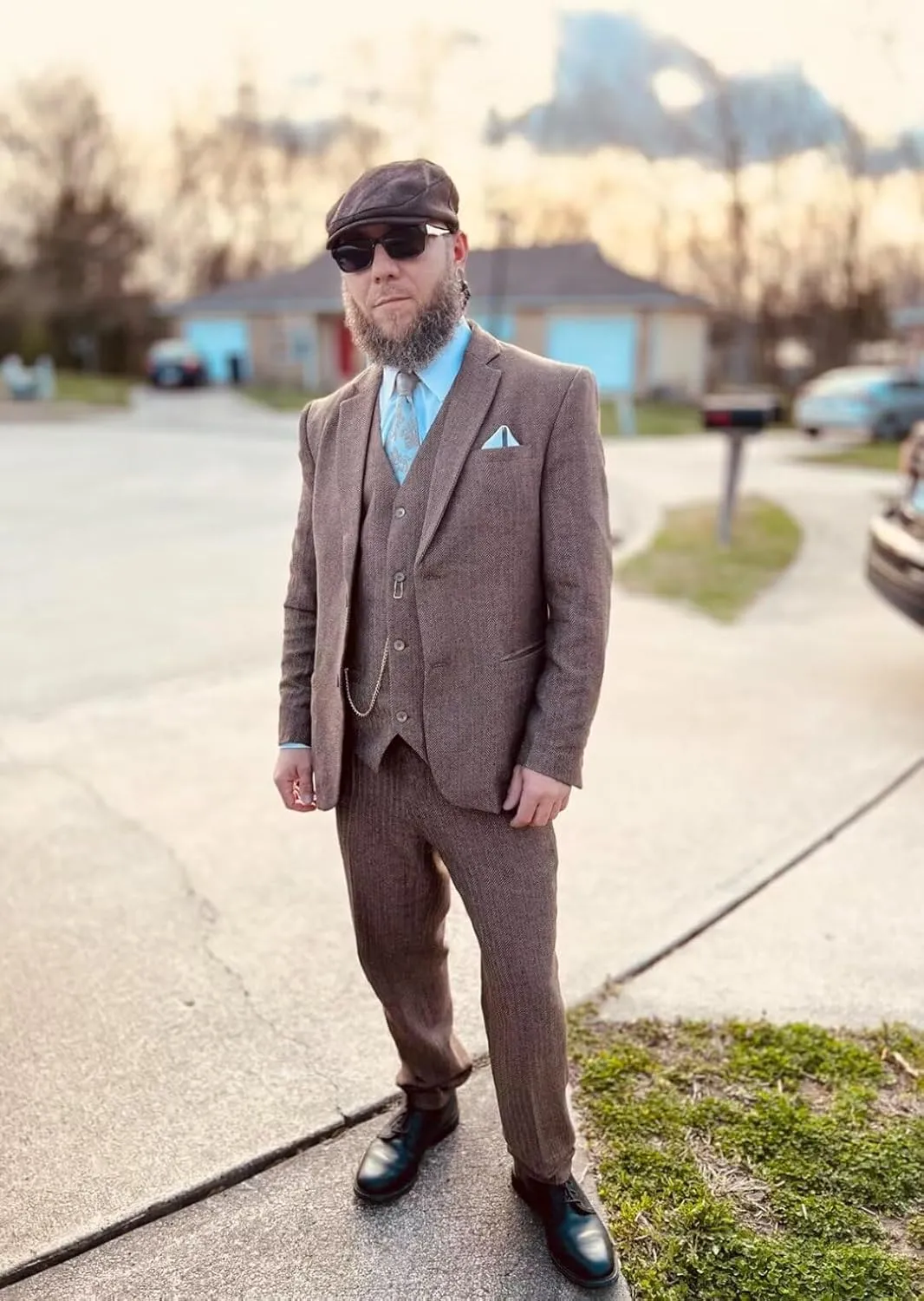 Retro 3 Piece Herringbone Tweed Suit Men's Wool Tuxedos Set Prom Brown Jacket Blazer Vest Pants Themed Wedding