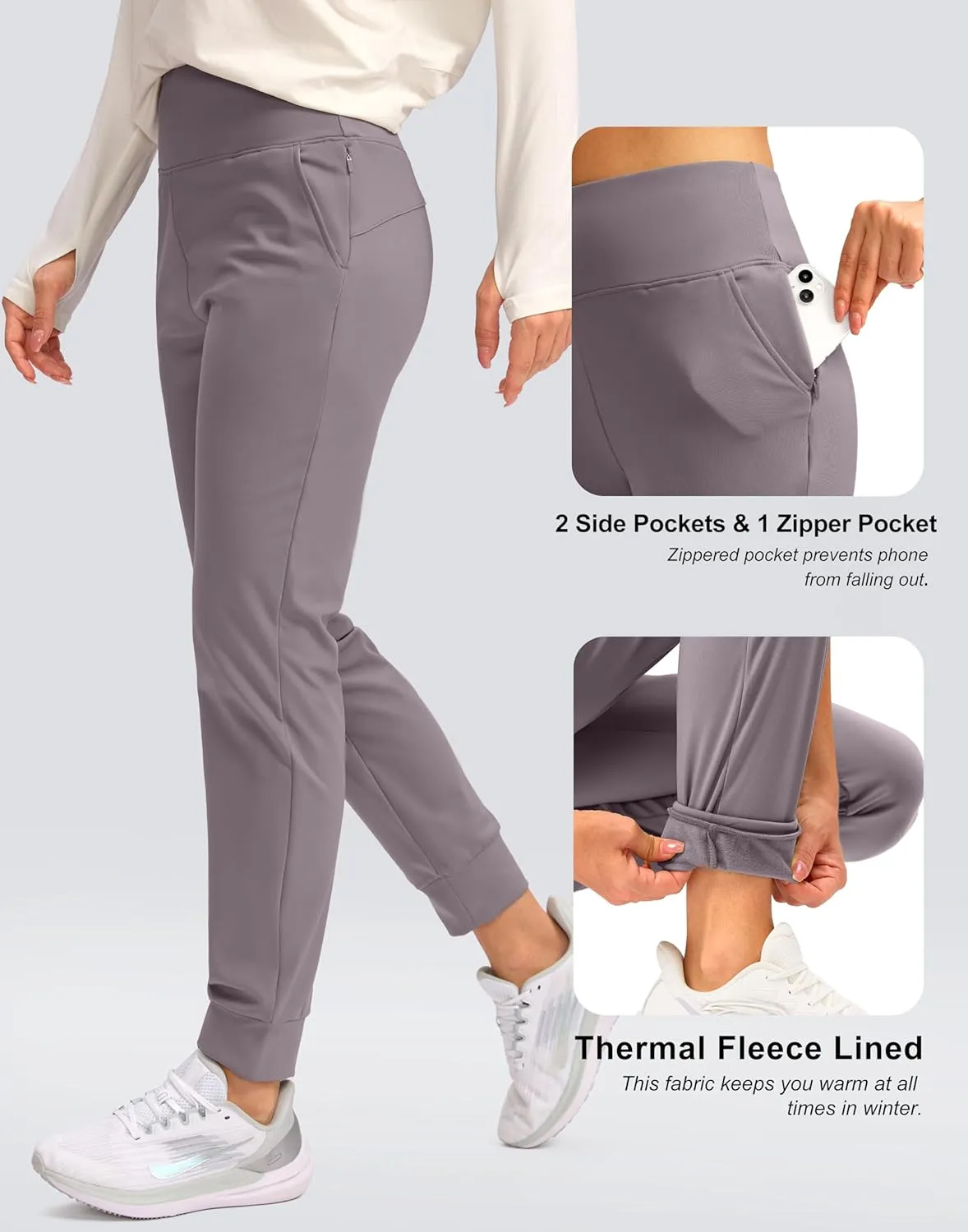 SANTINY Women's Fleece Lined Joggers Water Resistant High Waisted Thermal Sweatpants Winter Pants Hiking Running Pockets