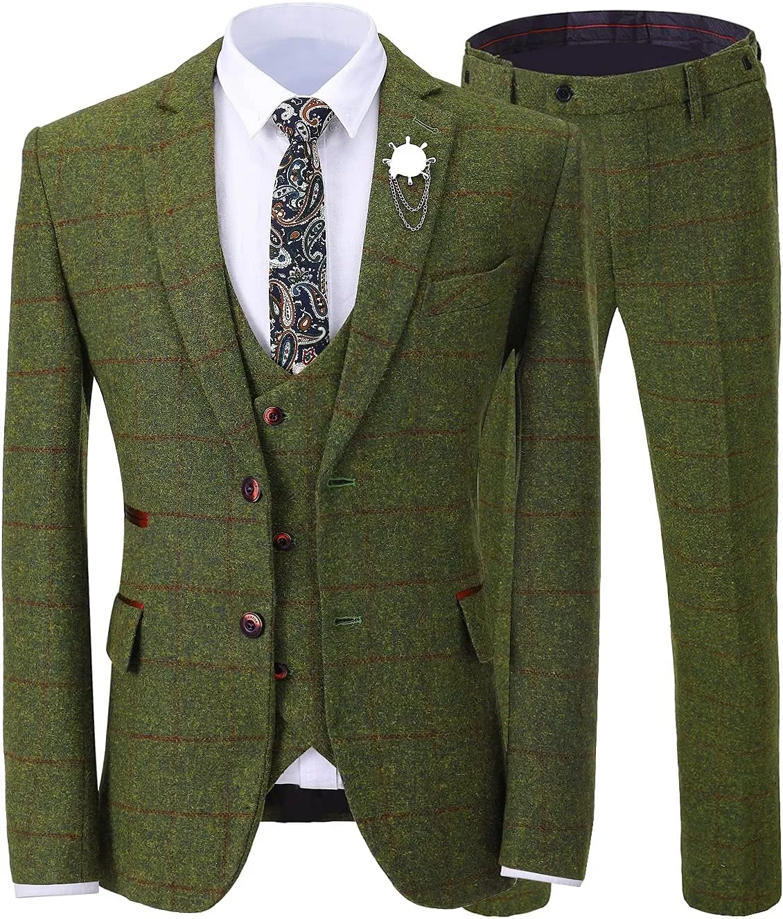SevenBoy Retro 3 Piece Tweed Herr Check Men's Suit Slim-fit Tuxedo Suit Prom Jacket Vest Pants