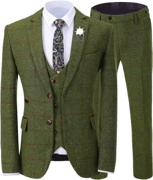 SevenBoy Retro 3 Piece Tweed Herr Check Men's Suit Slim-fit Tuxedo Suit Prom Jacket Vest Pants