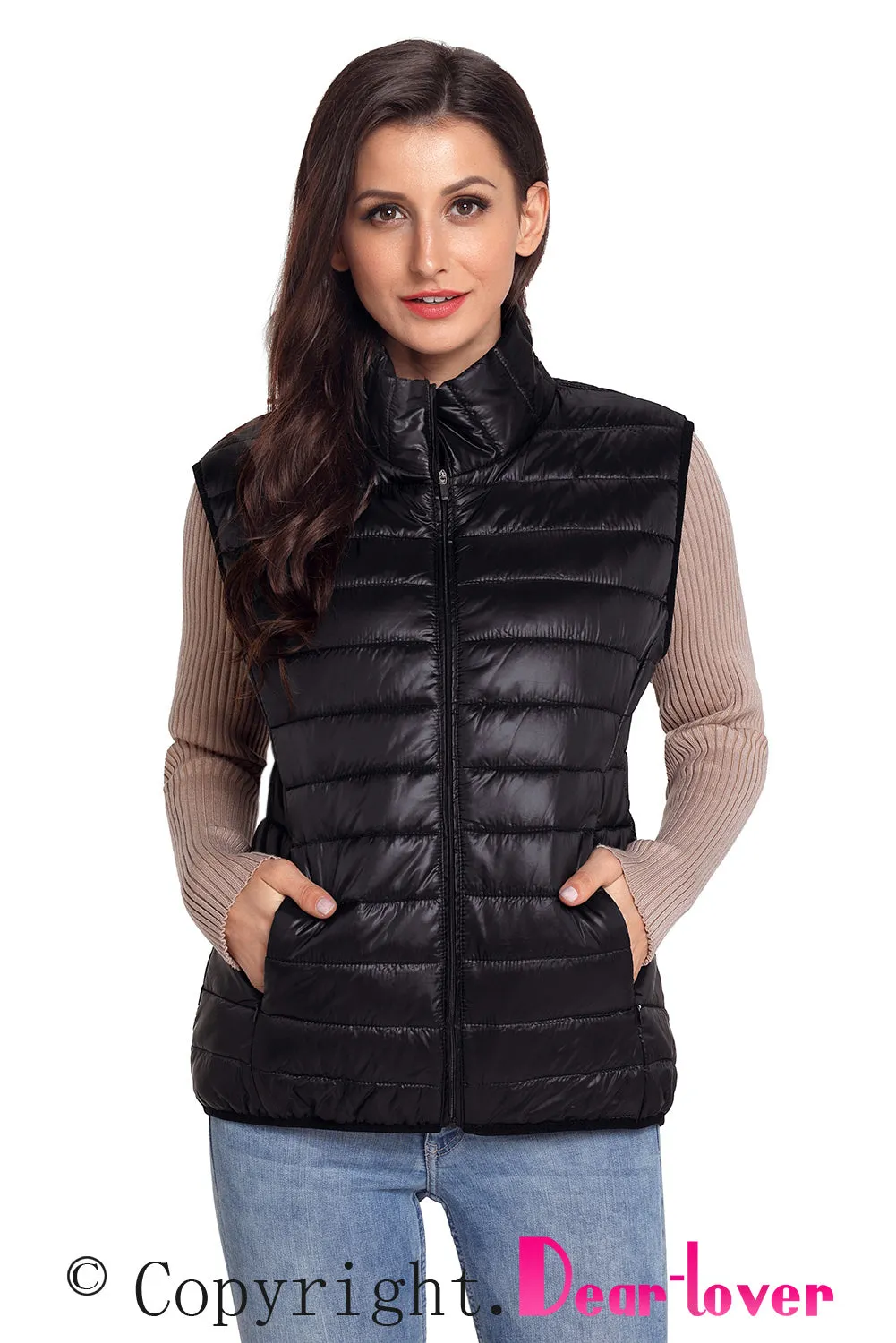 Sexy Black Quilted Cotton Down Vest