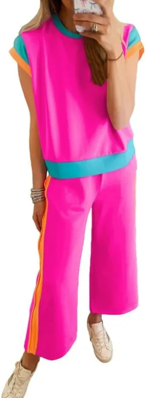 SHEWIN Women's 2 Piece Lounge Sets Casual Short Sleeve Pullover Tops Matching Wide Leg Pants Tracksuit Set