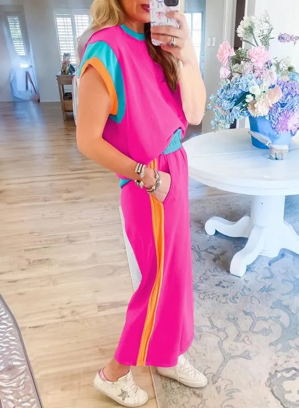 SHEWIN Women's 2 Piece Lounge Sets Casual Short Sleeve Pullover Tops Matching Wide Leg Pants Tracksuit Set