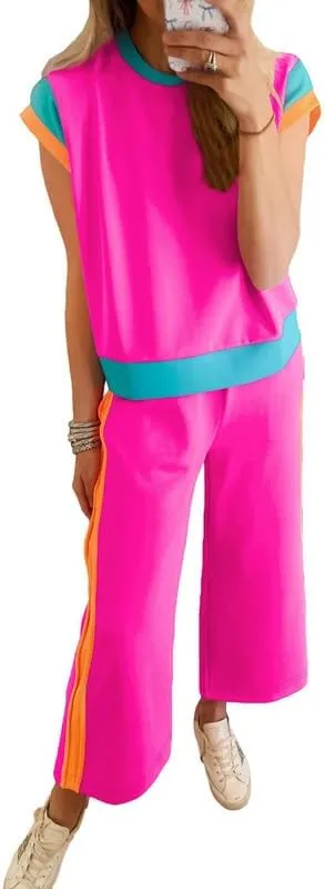 SHEWIN Women's 2 Piece Lounge Sets Casual Short Sleeve Pullover Tops Matching Wide Leg Pants Tracksuit Set