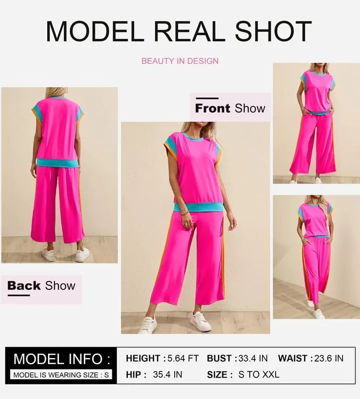 SHEWIN Women's 2 Piece Lounge Sets Casual Short Sleeve Pullover Tops Matching Wide Leg Pants Tracksuit Set