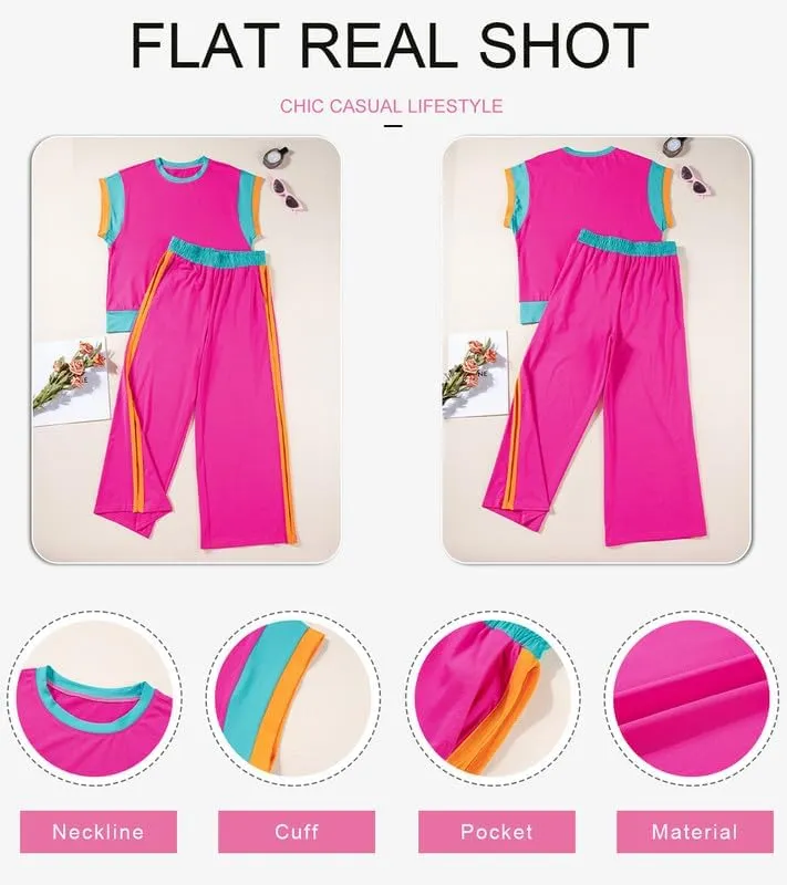 SHEWIN Women's 2 Piece Lounge Sets Casual Short Sleeve Pullover Tops Matching Wide Leg Pants Tracksuit Set