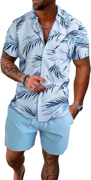 SOLY HUX Men's 2 Piece Outfits Tropical Print Short Sleeve Button Down Hawaiian Shirt and Shorts Set