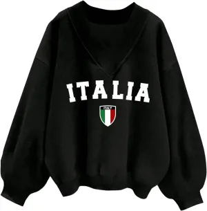 SOLY HUX Women's Oversized Graphic Sweatshirt V Neck Drop Shoulder Long Sleeve Letter Print Casual Pullover Tops
