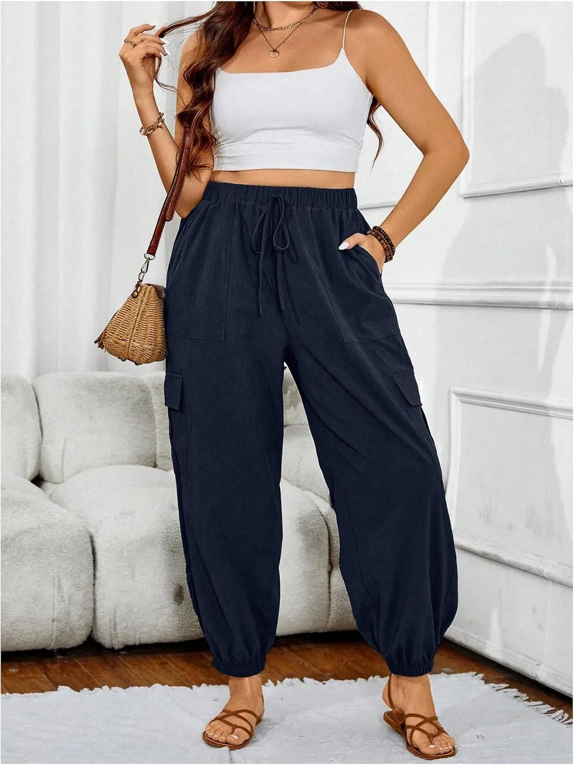 SOLY HUX Women's Plus Size High Waist Cargo Pants Casual Loose Baggy Jogger Pants Trousers Pockets