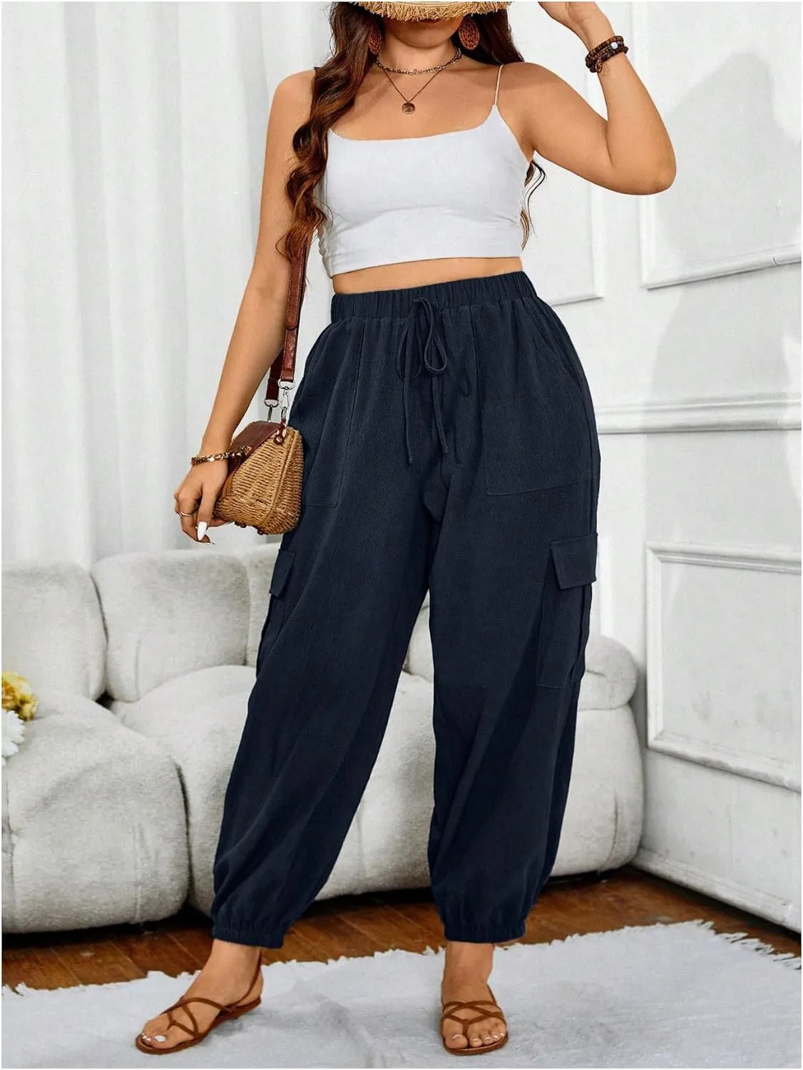 SOLY HUX Women's Plus Size High Waist Cargo Pants Casual Loose Baggy Jogger Pants Trousers Pockets