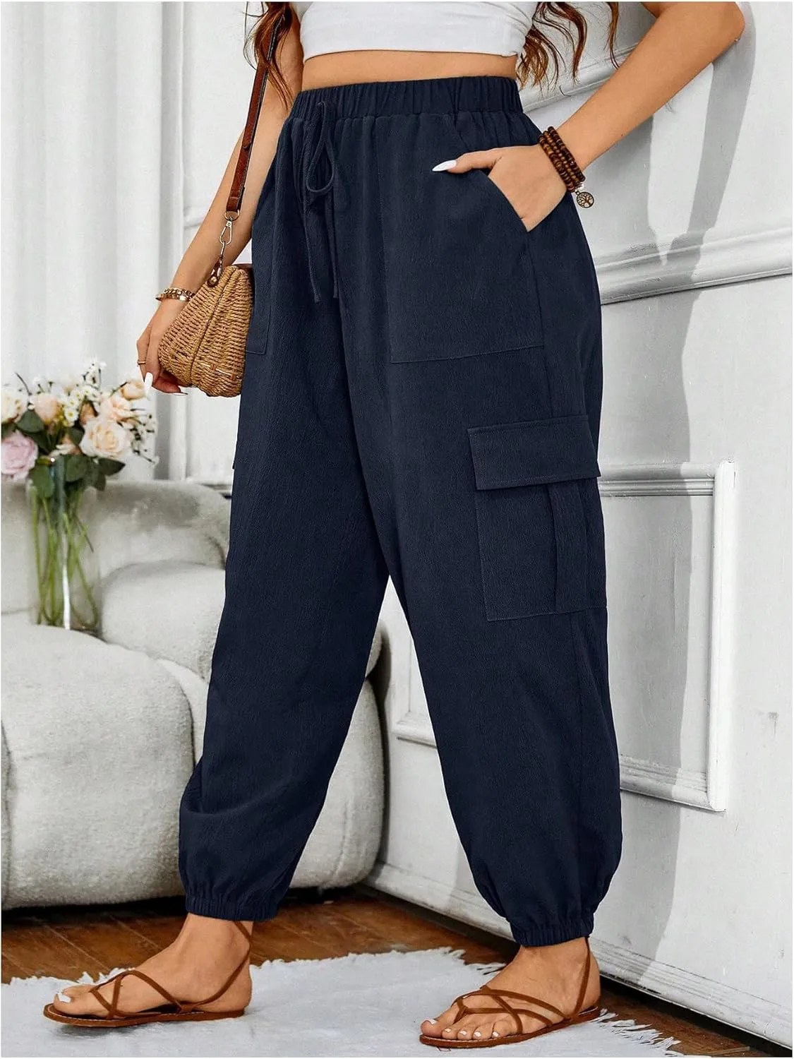 SOLY HUX Women's Plus Size High Waist Cargo Pants Casual Loose Baggy Jogger Pants Trousers Pockets