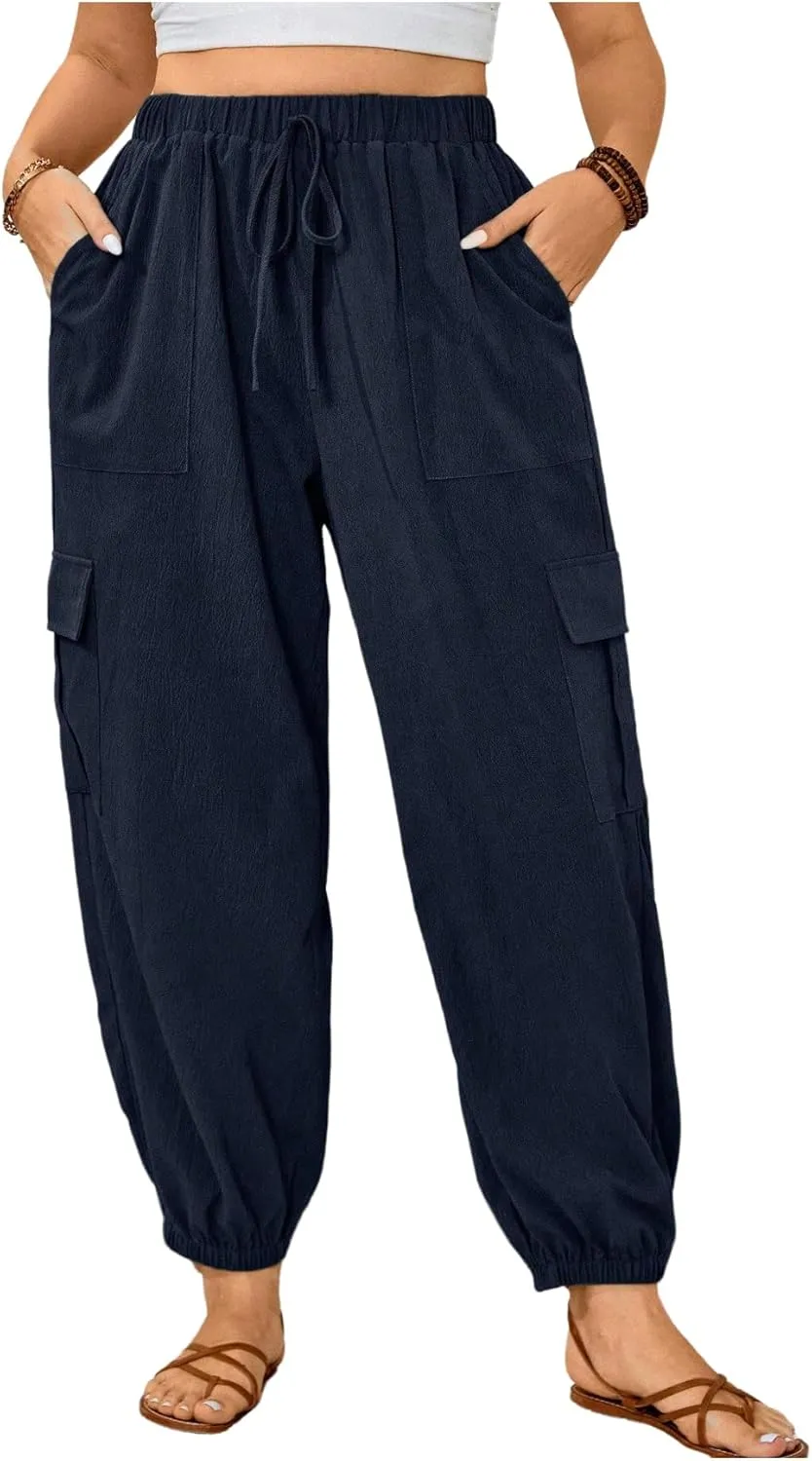 SOLY HUX Women's Plus Size High Waist Cargo Pants Casual Loose Baggy Jogger Pants Trousers Pockets