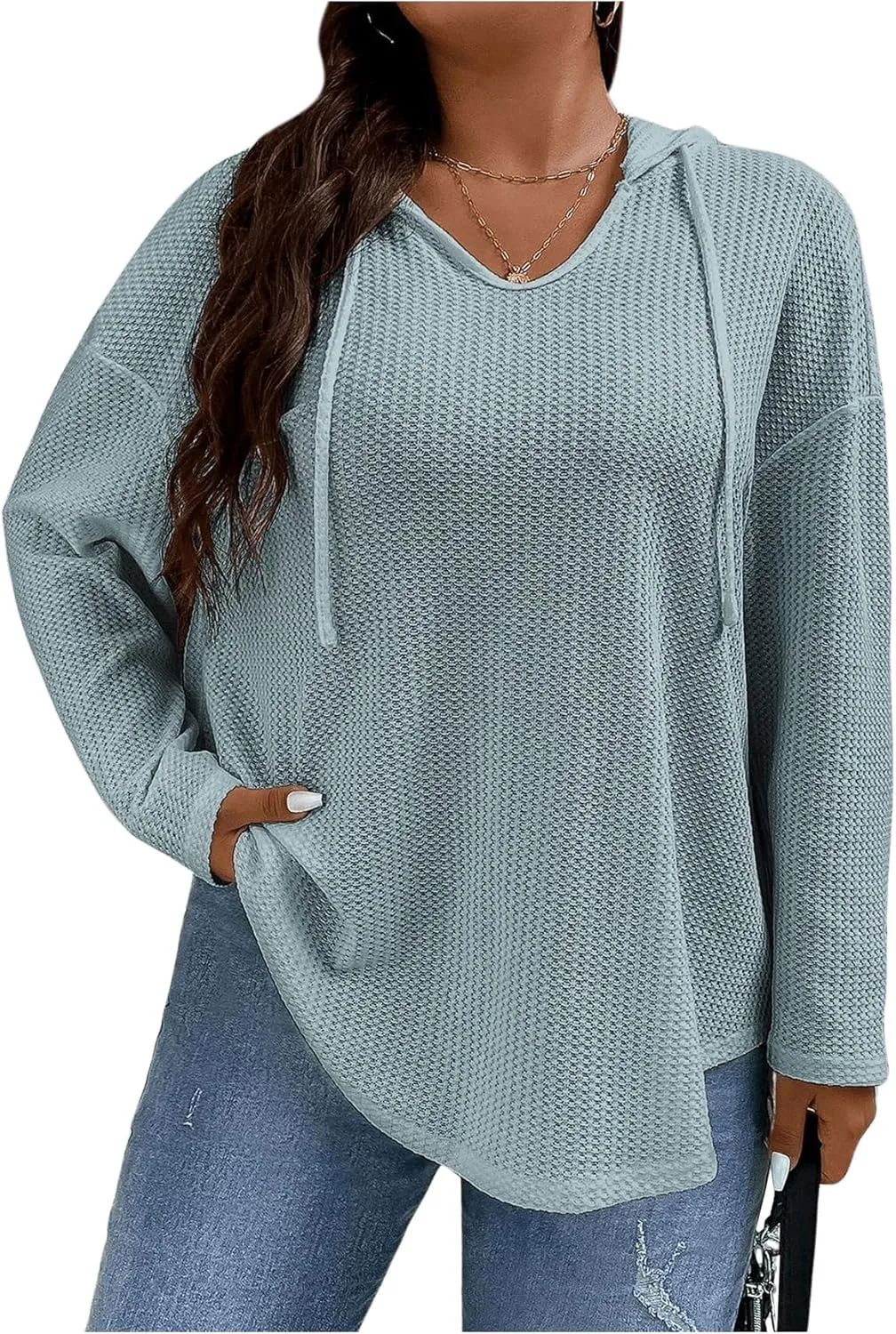 SOLY HUX Women's Plus Size Hoodies Long Sleeve Drawstring Waffle Knit Pullover Sweatshirt Tops