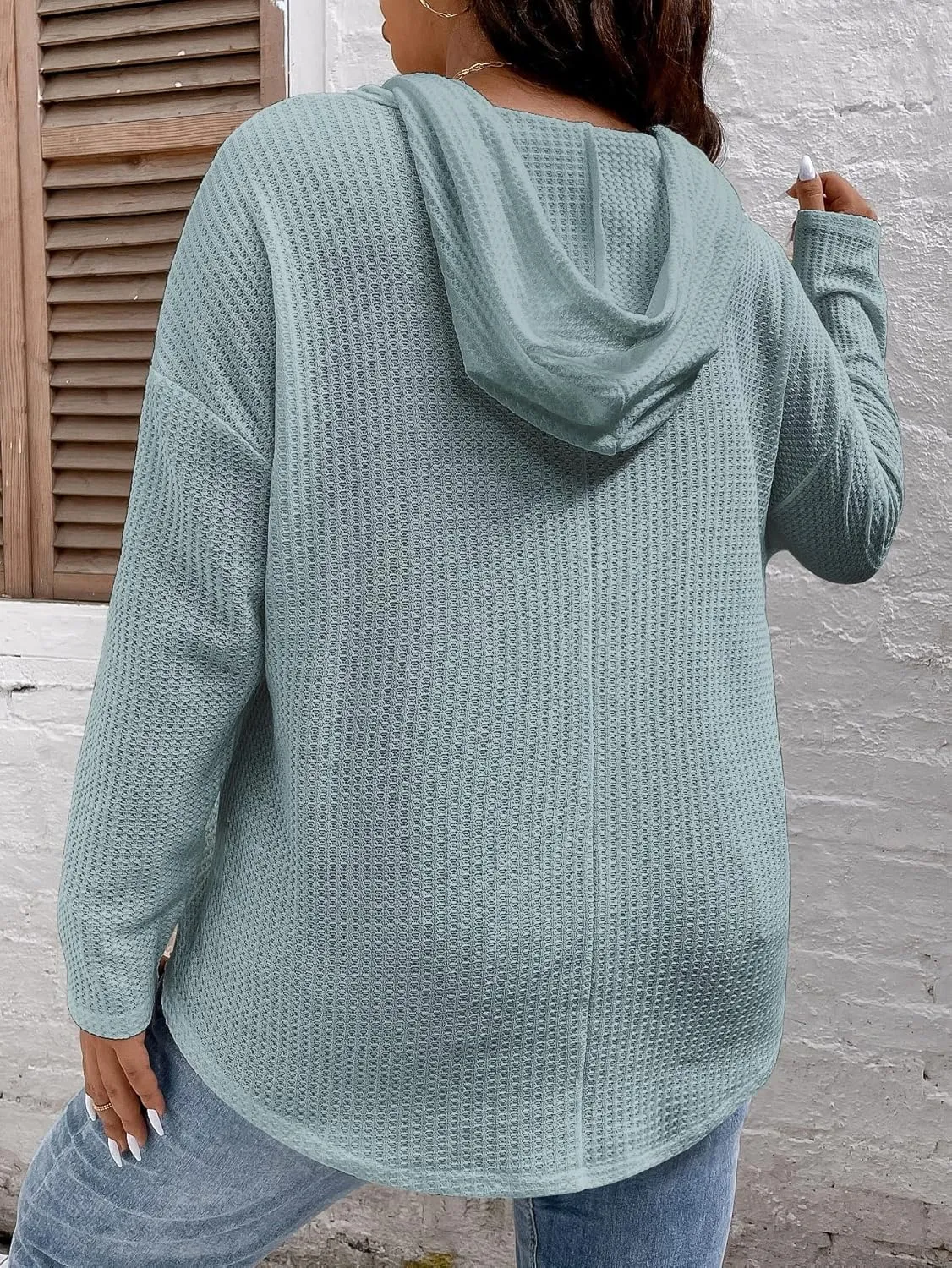 SOLY HUX Women's Plus Size Hoodies Long Sleeve Drawstring Waffle Knit Pullover Sweatshirt Tops