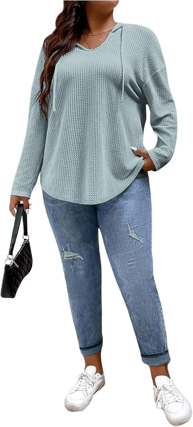 SOLY HUX Women's Plus Size Hoodies Long Sleeve Drawstring Waffle Knit Pullover Sweatshirt Tops