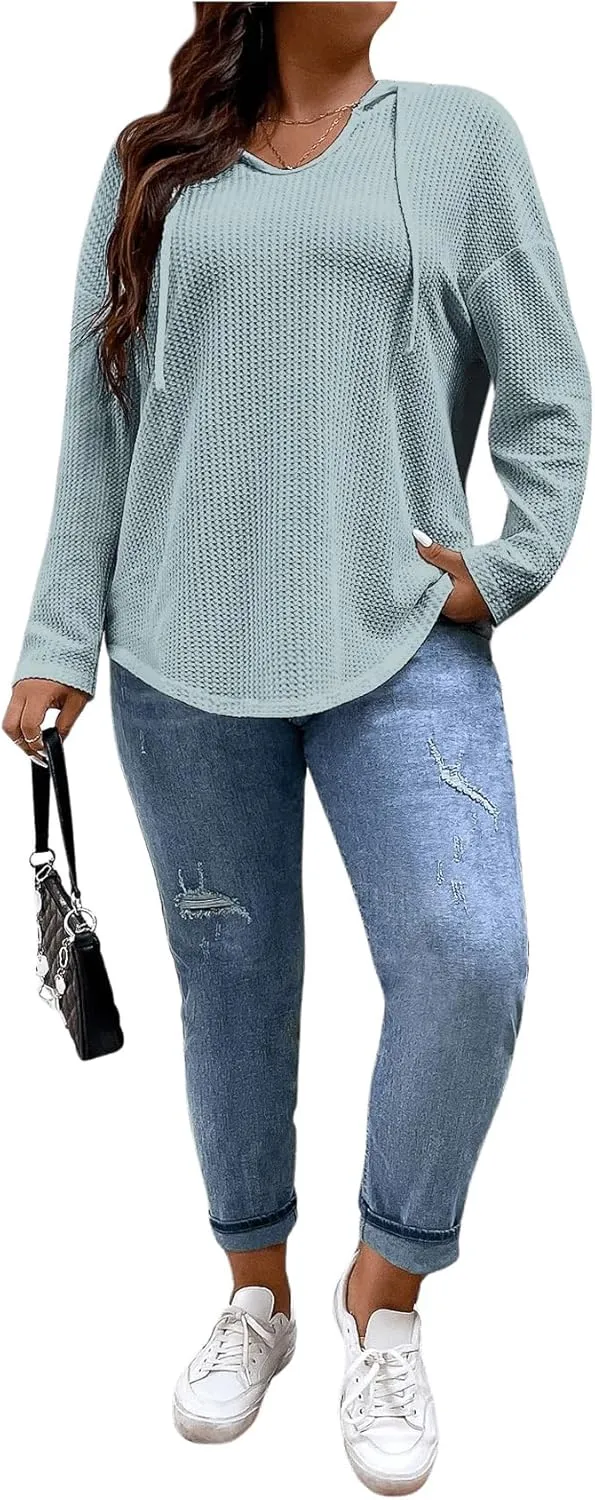 SOLY HUX Women's Plus Size Hoodies Long Sleeve Drawstring Waffle Knit Pullover Sweatshirt Tops
