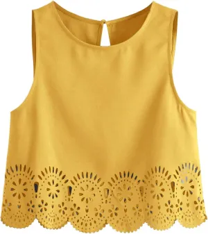 SOLY HUX Women's Summer Tank Tops Hollow Out Scallop Trim Sleeveless Vest Crop Top