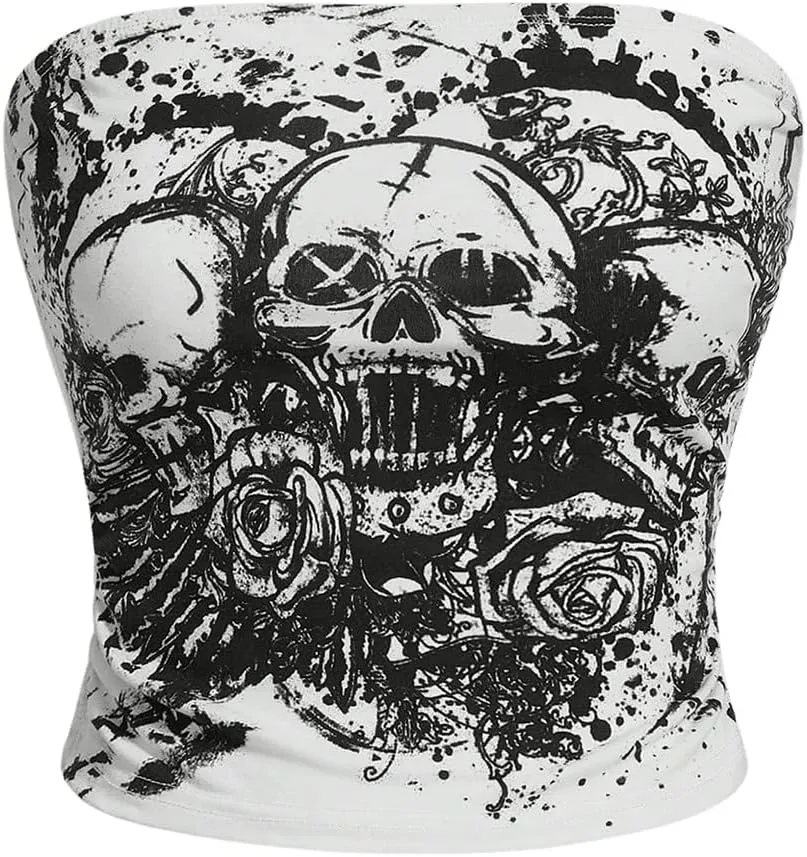 SOLY HUX Women's Y2k Goth Tube Crop Top Skull Print Strapless Sleeveless Bandeau Tops
