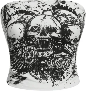 SOLY HUX Women's Y2k Goth Tube Crop Top Skull Print Strapless Sleeveless Bandeau Tops
