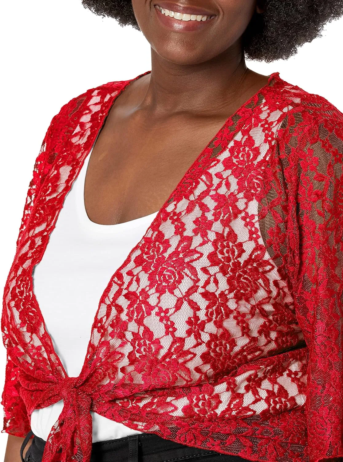 Star Vixen Women's Plus-Size 3/4 Sleeve Lace Tiefront Shrug Sweater