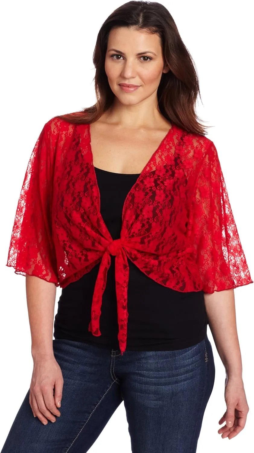 Star Vixen Women's Plus-Size 3/4 Sleeve Lace Tiefront Shrug Sweater