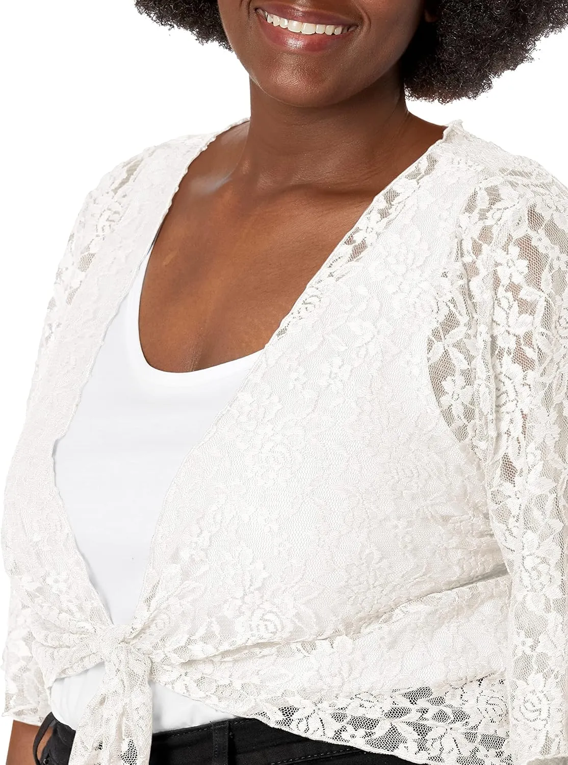 Star Vixen Women's Plus-Size 3/4 Sleeve Lace Tiefront Shrug Sweater