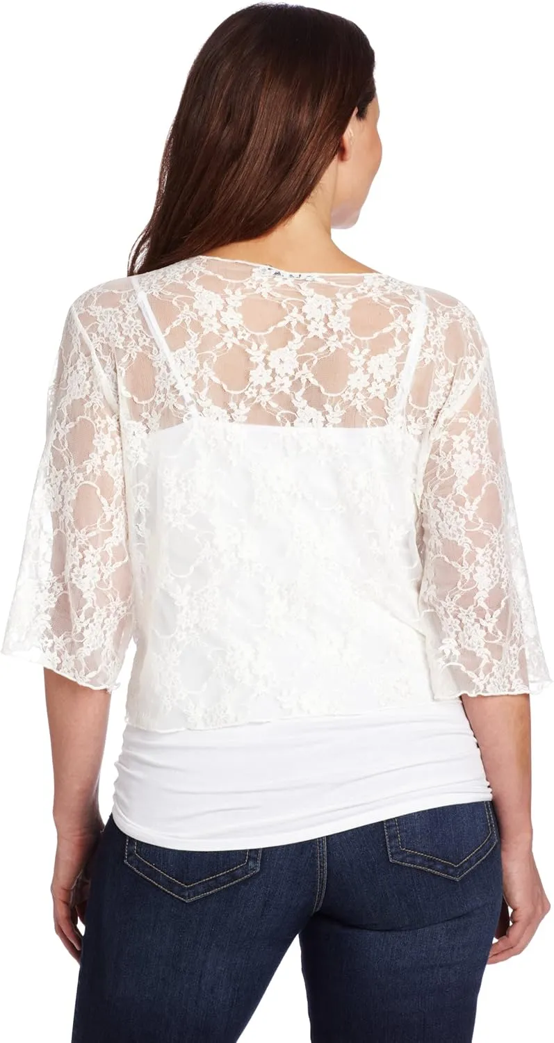 Star Vixen Women's Plus-Size 3/4 Sleeve Lace Tiefront Shrug Sweater