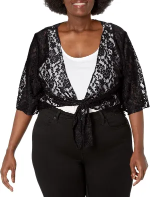 Star Vixen Women's Plus-Size 3/4 Sleeve Lace Tiefront Shrug Sweater