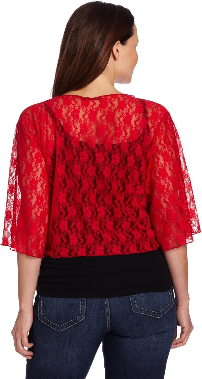 Star Vixen Women's Plus-Size 3/4 Sleeve Lace Tiefront Shrug Sweater