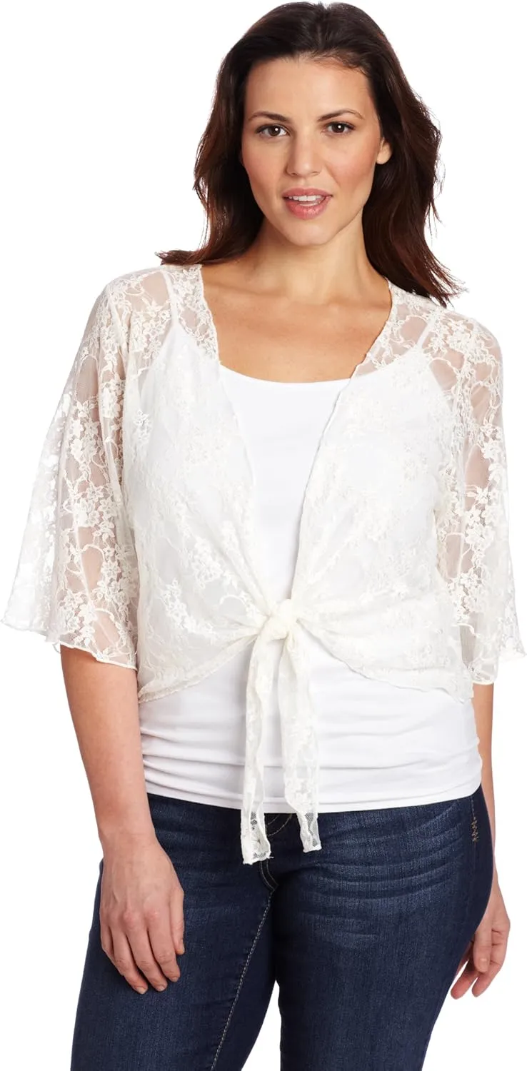 Star Vixen Women's Plus-Size 3/4 Sleeve Lace Tiefront Shrug Sweater