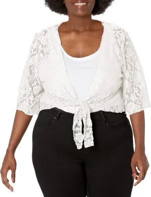 Star Vixen Women's Plus-Size 3/4 Sleeve Lace Tiefront Shrug Sweater