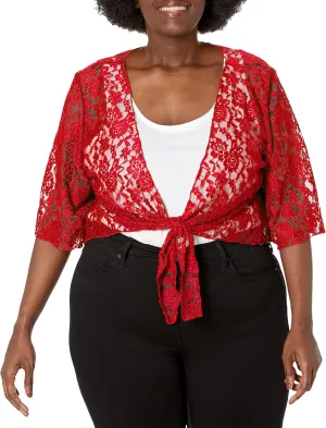 Star Vixen Women's Plus-Size 3/4 Sleeve Lace Tiefront Shrug Sweater