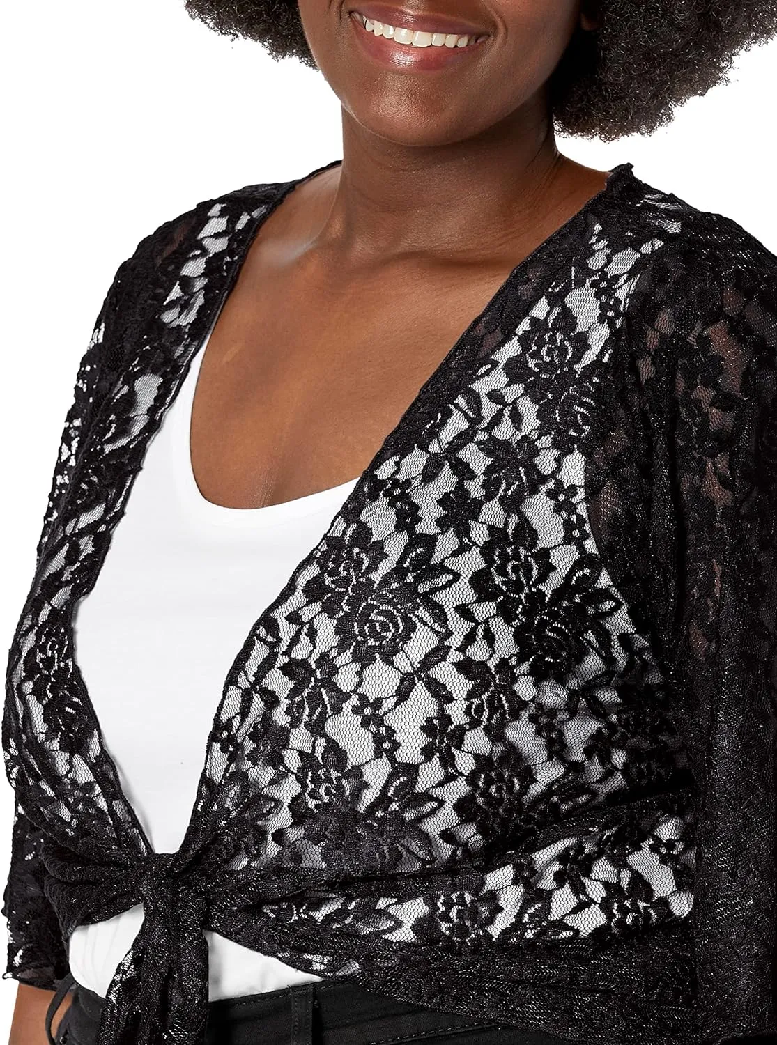 Star Vixen Women's Plus-Size 3/4 Sleeve Lace Tiefront Shrug Sweater