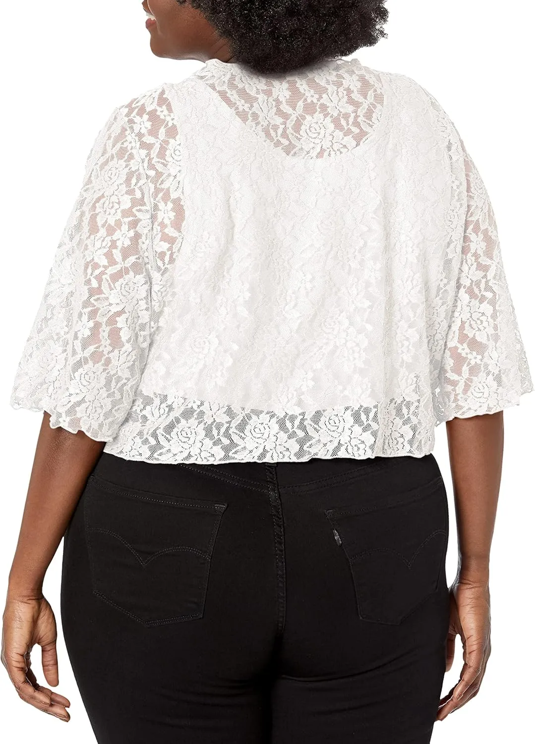 Star Vixen Women's Plus-Size 3/4 Sleeve Lace Tiefront Shrug Sweater