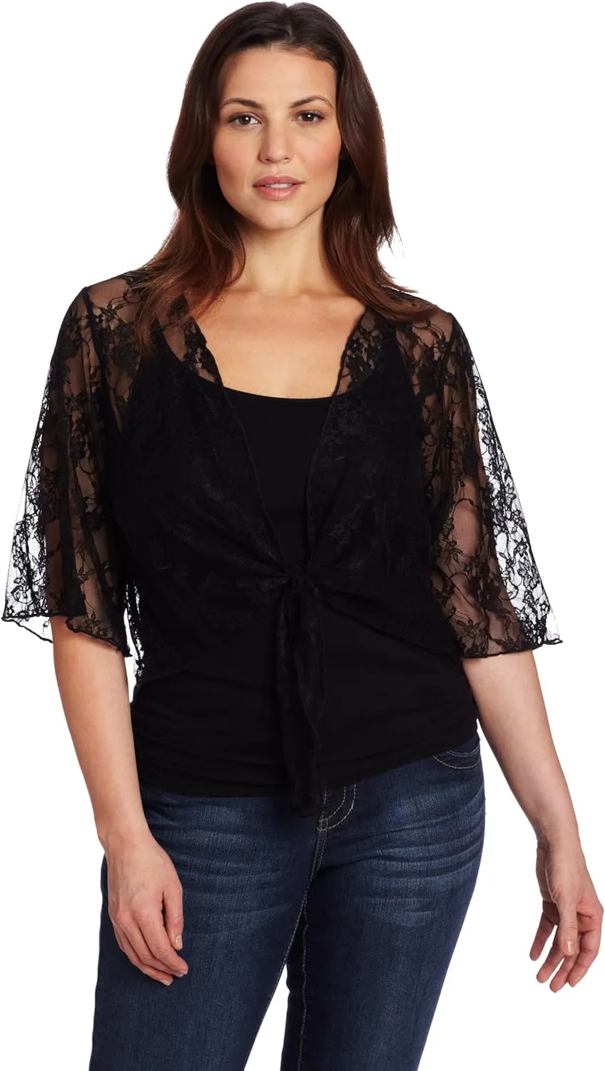 Star Vixen Women's Plus-Size 3/4 Sleeve Lace Tiefront Shrug Sweater