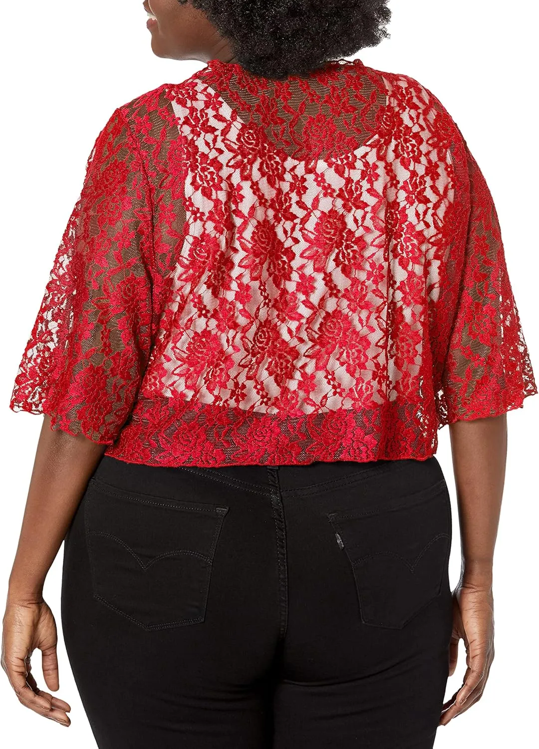 Star Vixen Women's Plus-Size 3/4 Sleeve Lace Tiefront Shrug Sweater