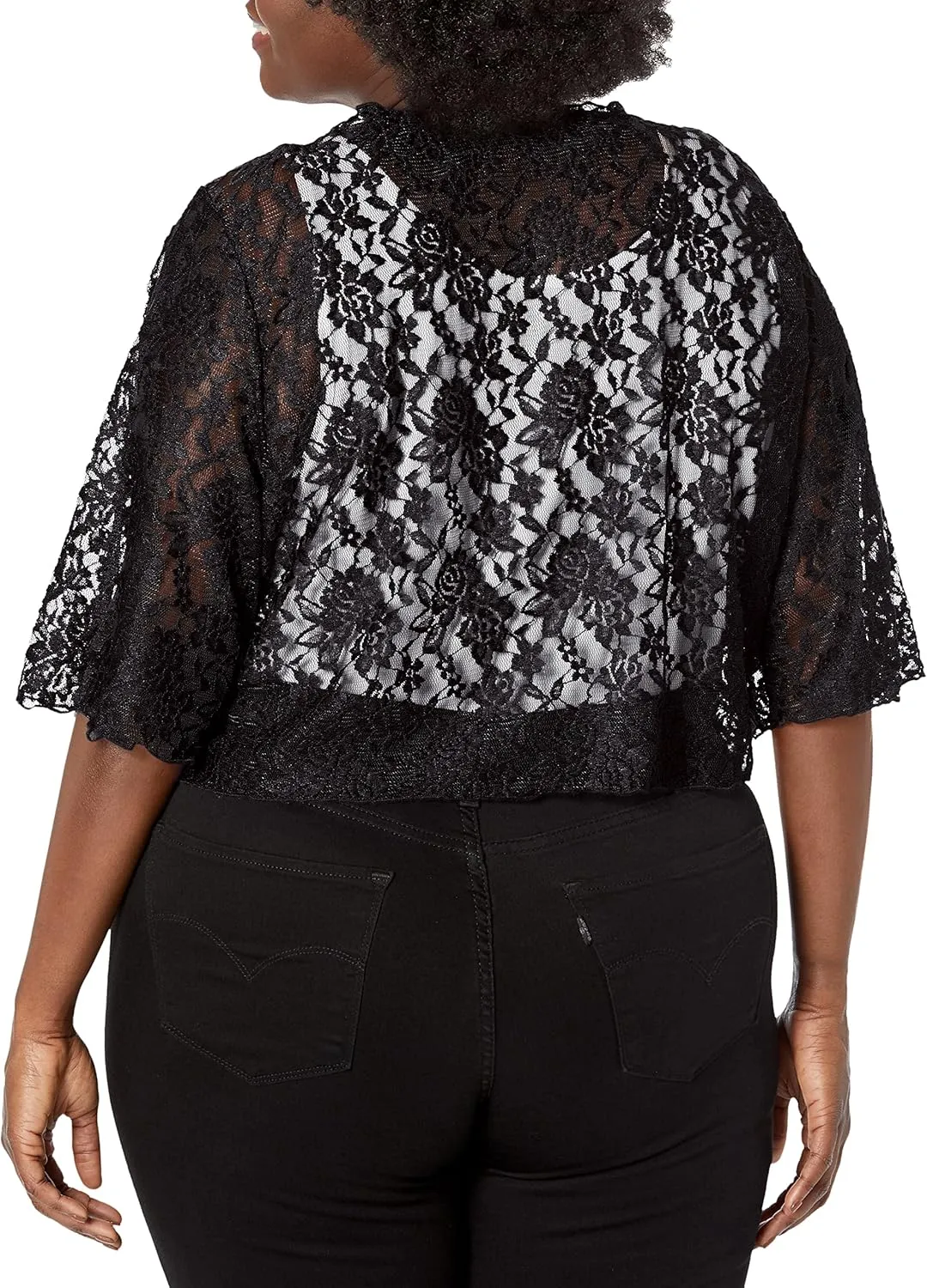 Star Vixen Women's Plus-Size 3/4 Sleeve Lace Tiefront Shrug Sweater