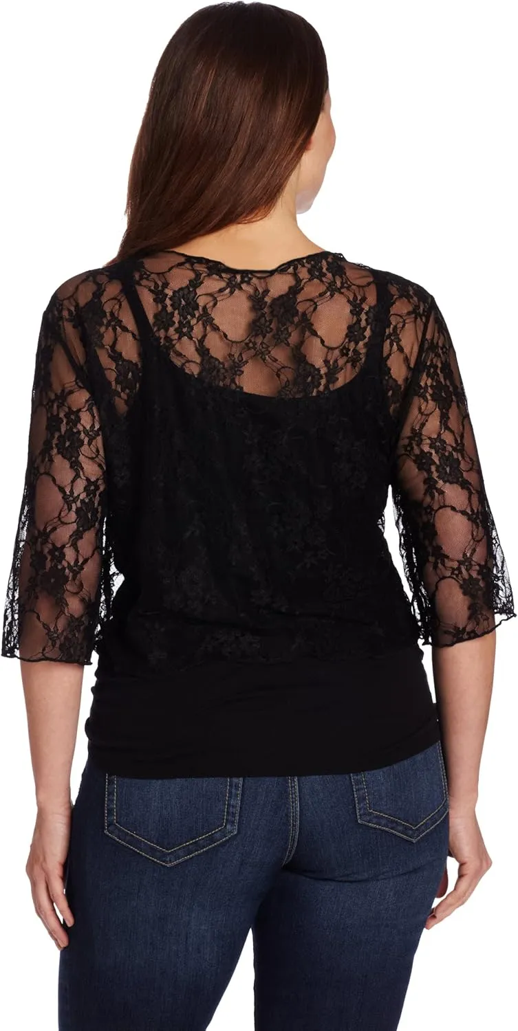 Star Vixen Women's Plus-Size 3/4 Sleeve Lace Tiefront Shrug Sweater