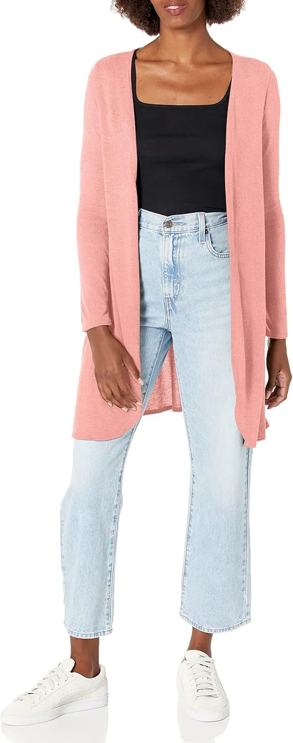 Star Vixen Women's Plus Size Long Sleeve Open Front Casual Cardigan Duster Length in Light Weight Sweater Knit