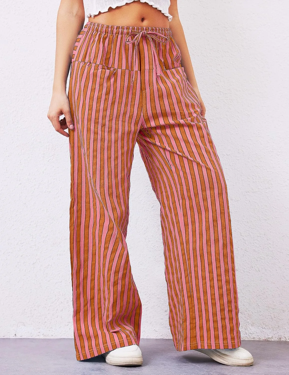 Striped Pants Women Wide Leg Trousers Drawstring Low Rise Casual Loose Lounge Pajama Pants with Pockets