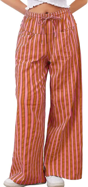Striped Pants Women Wide Leg Trousers Drawstring Low Rise Casual Loose Lounge Pajama Pants with Pockets