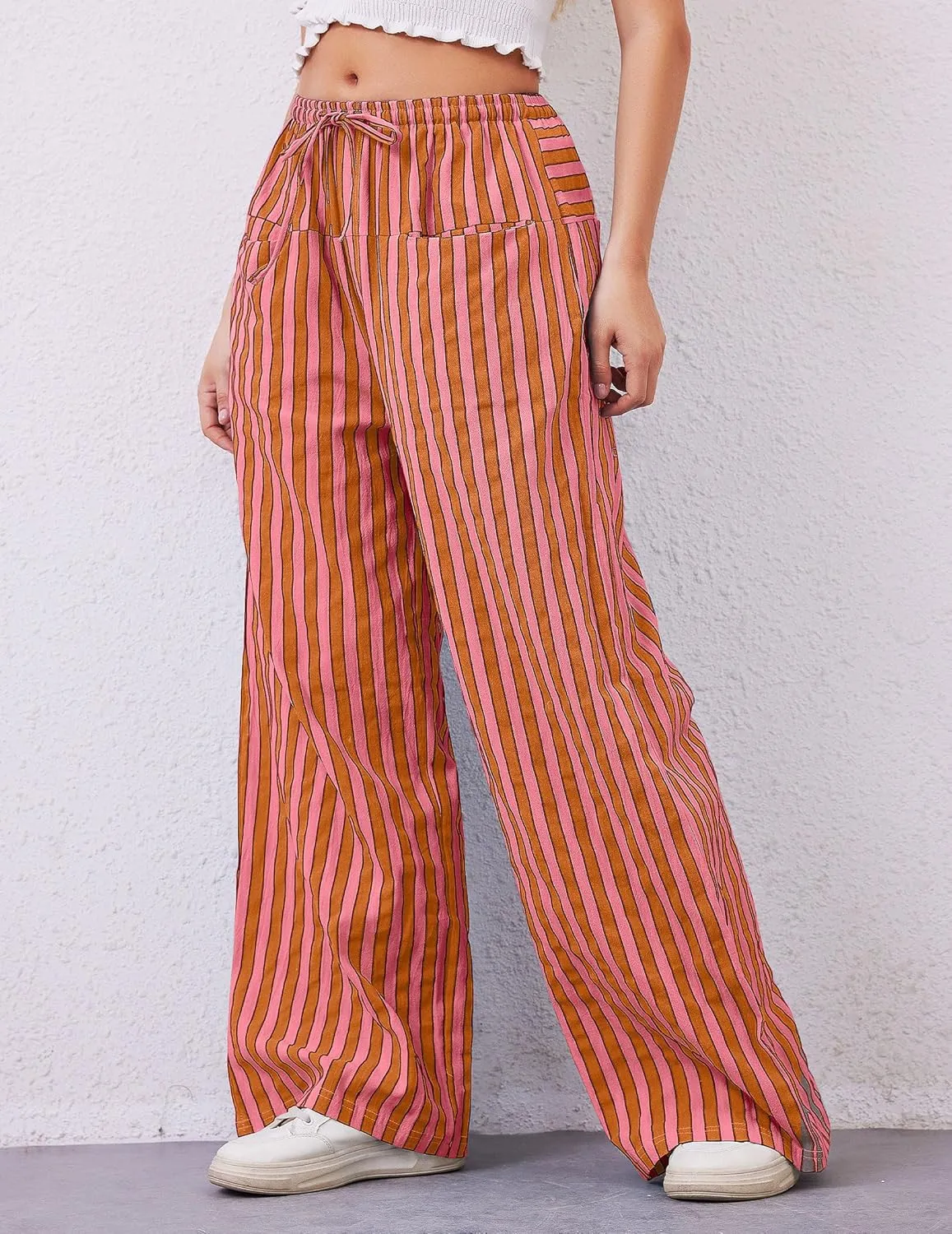 Striped Pants Women Wide Leg Trousers Drawstring Low Rise Casual Loose Lounge Pajama Pants with Pockets