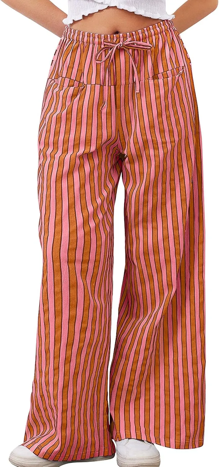Striped Pants Women Wide Leg Trousers Drawstring Low Rise Casual Loose Lounge Pajama Pants with Pockets