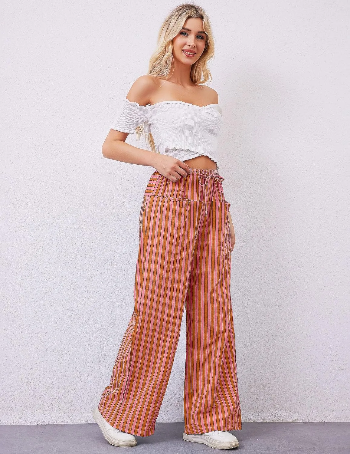 Striped Pants Women Wide Leg Trousers Drawstring Low Rise Casual Loose Lounge Pajama Pants with Pockets