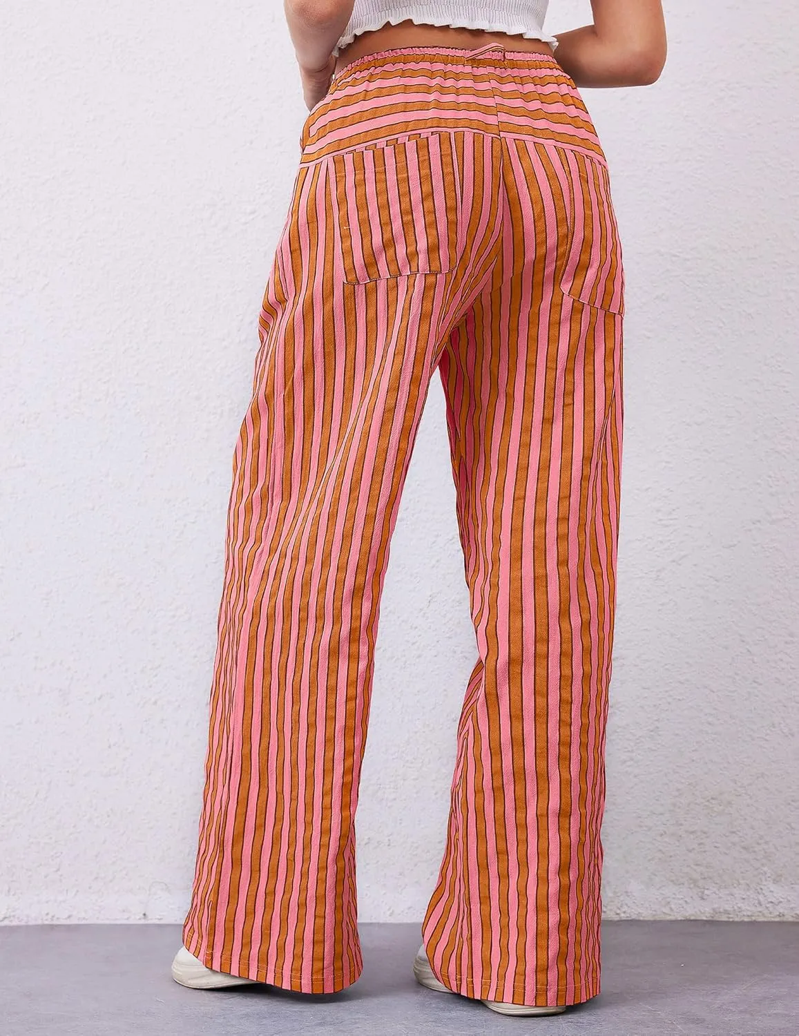 Striped Pants Women Wide Leg Trousers Drawstring Low Rise Casual Loose Lounge Pajama Pants with Pockets