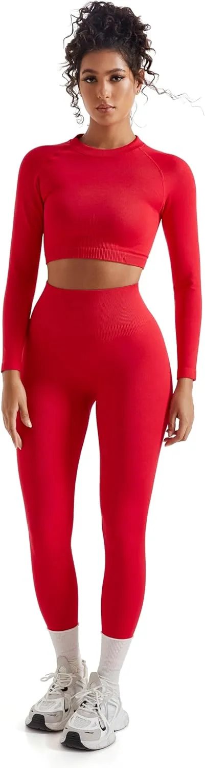 SUUKSESS Women 2 Piece Workout Sets Hidden Scrunch Butt Lifting Seamless Leggings Long Sleeve Yoga Crop Tops
