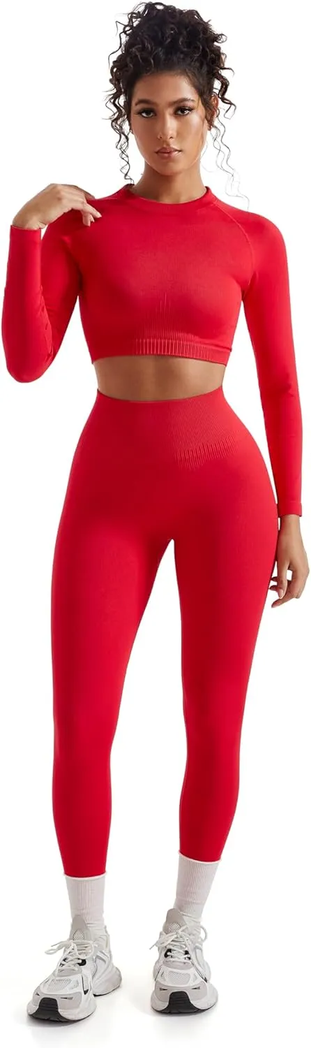 SUUKSESS Women 2 Piece Workout Sets Hidden Scrunch Butt Lifting Seamless Leggings Long Sleeve Yoga Crop Tops